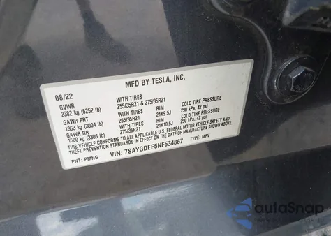 2022 Tesla Model Y Performance Dual Motor All-Wheel Drive из США, поврежденный, VIN 7SAYGDEF5NF534867
